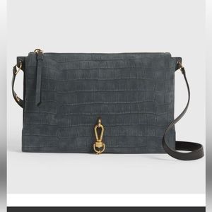 NWOT AllSaints blue suede crocodile finish Sheringham shoulder bag